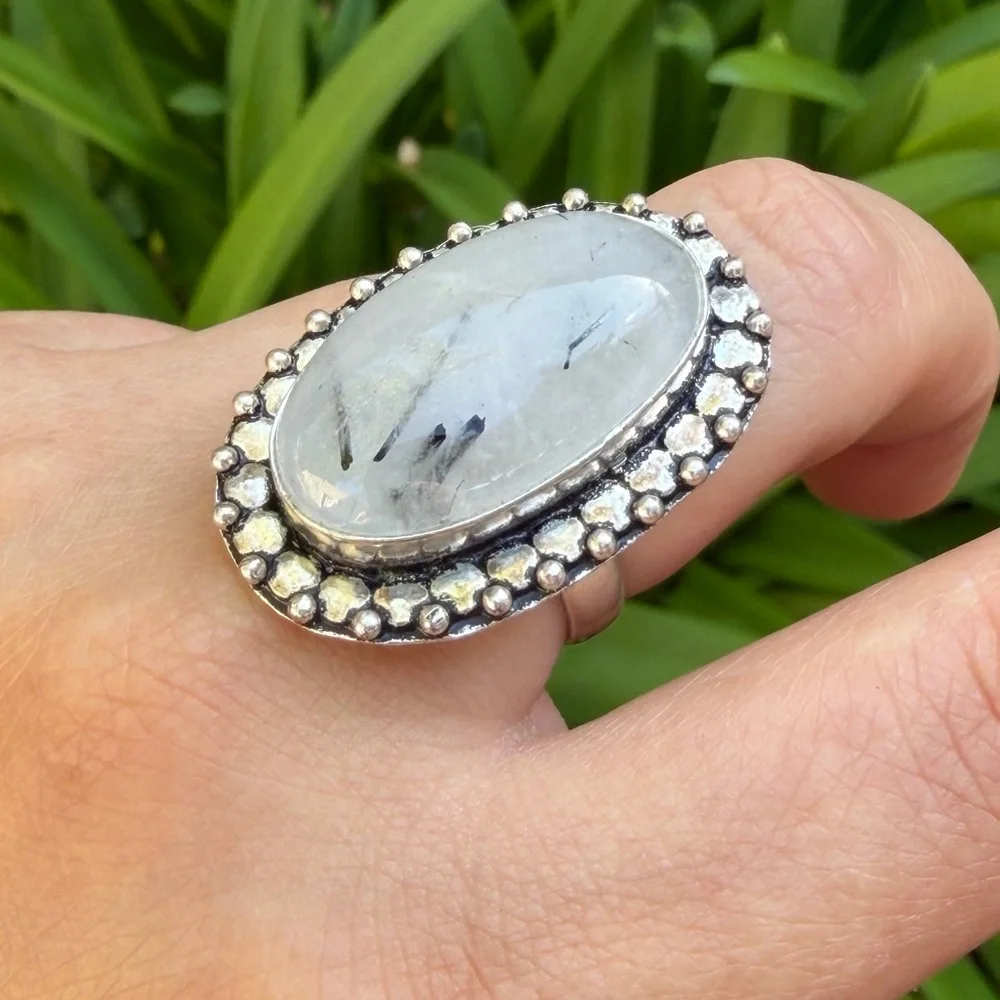 SIZE 7.25 925 silver plated black rutile quartz‎ ring 0376